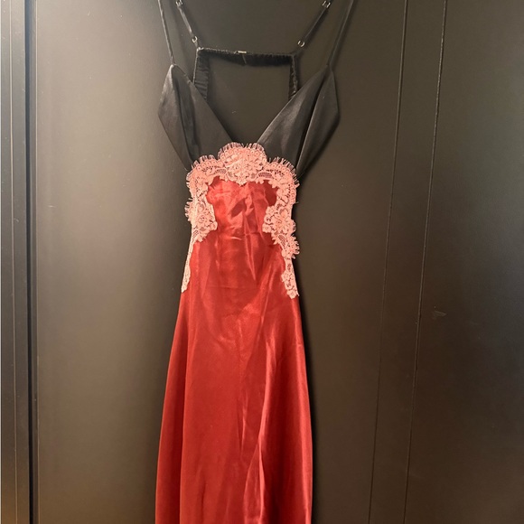 Fleur du Mal Deep Red Satin Midi Dress with Pink Lace - Picture 2 of 4